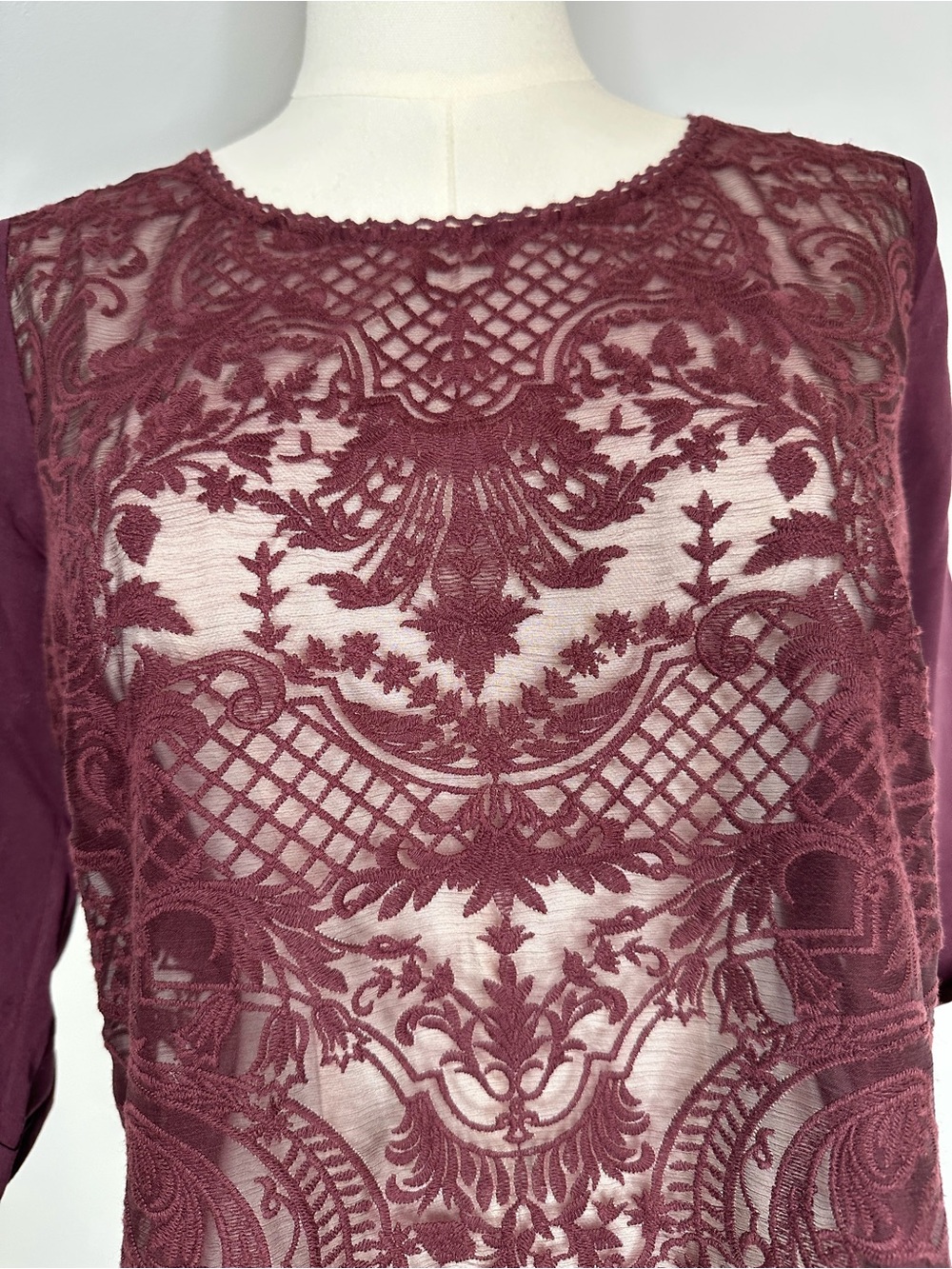 The Kooples Burgundy Lace Embroidered Sheer Blouse Top Romantic Gothic